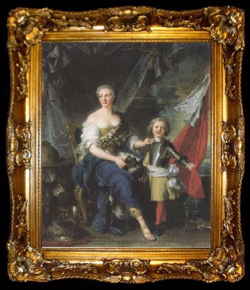 framed  Jean Marc Nattier Mademoiselle de Lanbesc as Minerva,Arming Her Brother the Comte de Brionne and Directing Him to the Arts of War (mk05), ta009-2